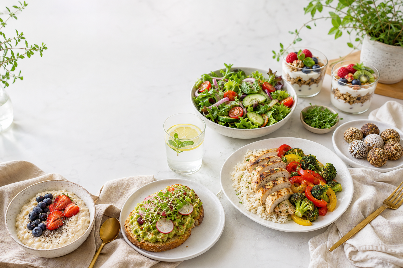 Mesa luminosa con comidas saludables, avena, tostada con palta, ensalada, pollo con arroz, postres y snacks.